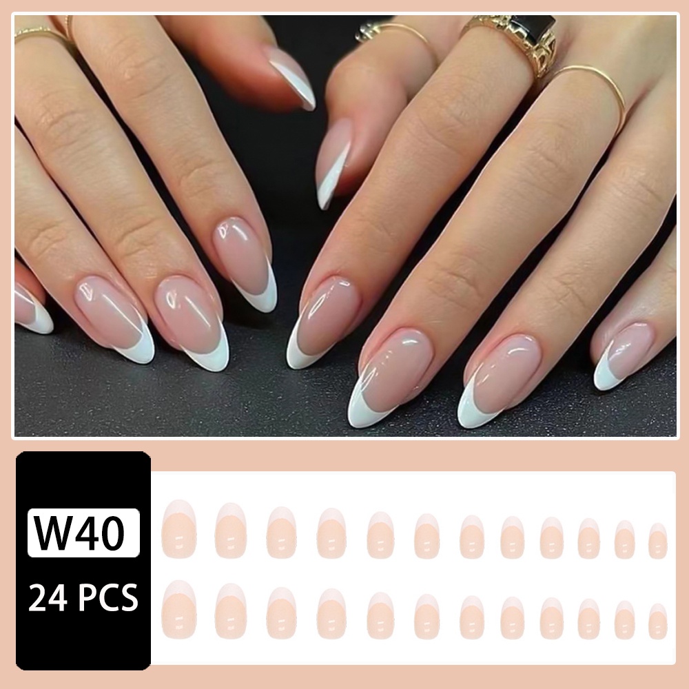 YKHMYB 24 pieces per box of fake nails white simple style pure French ...