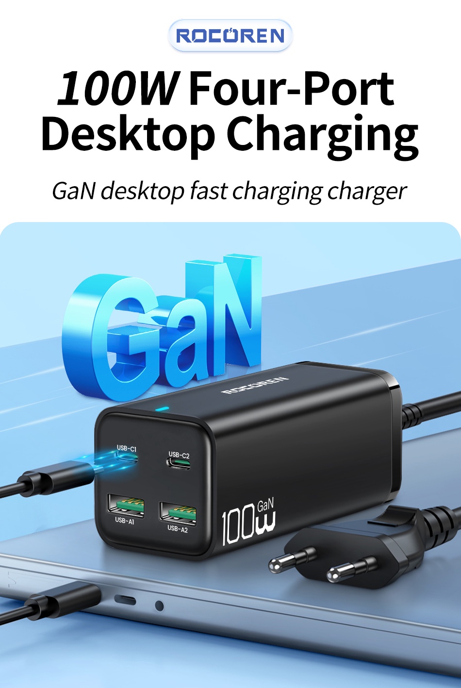 Rocoren Gan Usb C Desktop Charger Pd Qc Usb Type C Fast