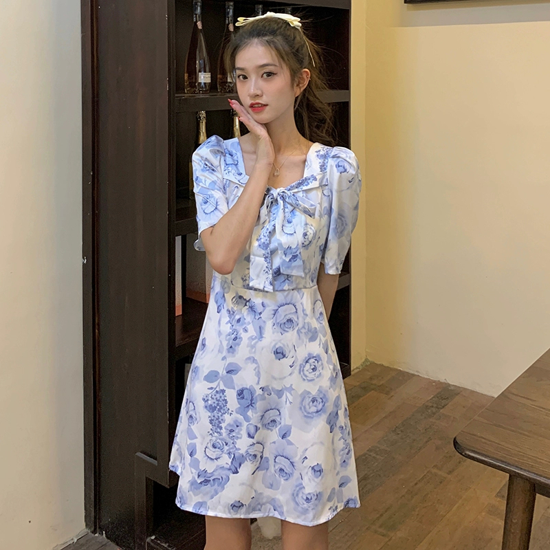 Chiffon Dress Blue Rose Pattern There Is A Stretch Back Smock And Has ...