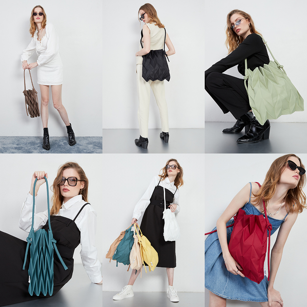 Pavi Studio-W Knot (POLY) Pleated Cloth Bag W-Strap 7 Colors Polyester ...