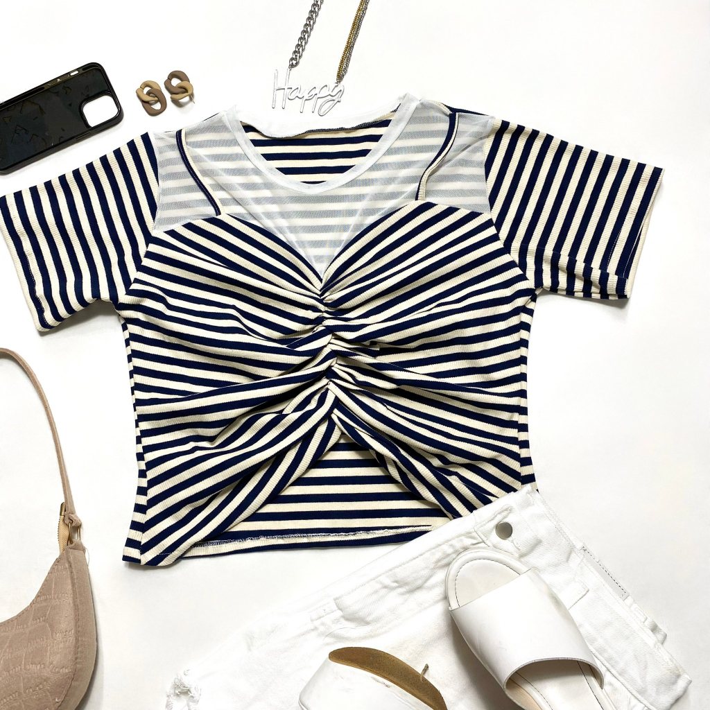 Plus size Chubby T-Shirt Fashion Women But The Mesh Fabric And Stripe ...