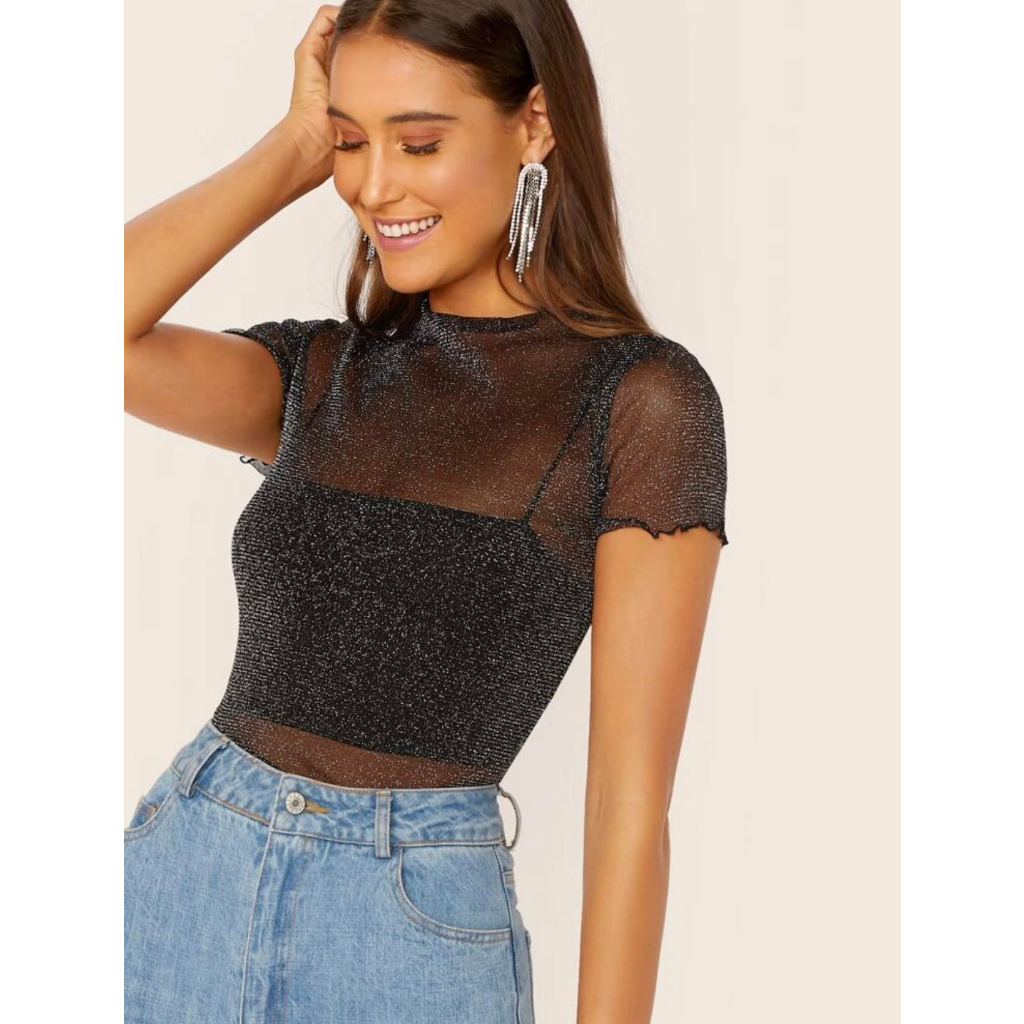 GLITTER TRIM FINE MESH TEE