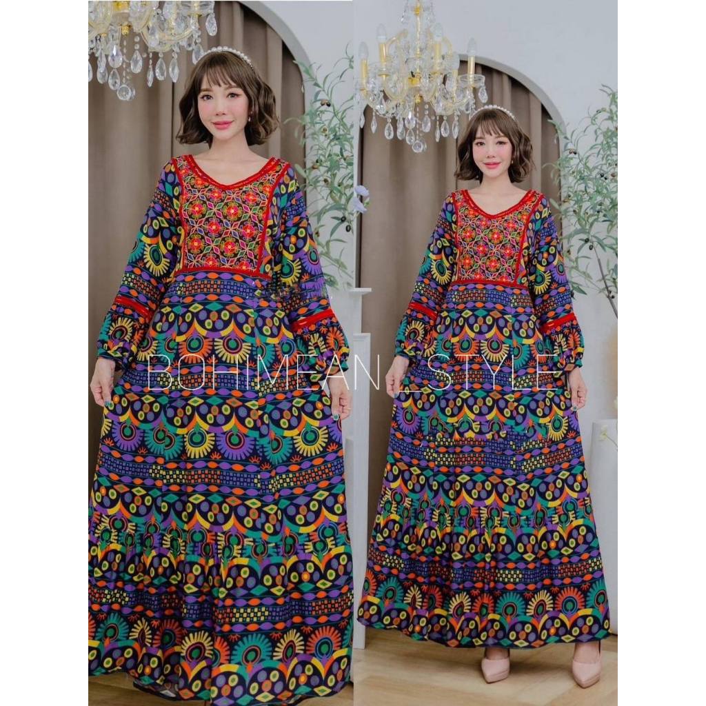 DRESS Long BOHEMIAN Style Indo Print Fabric Chubby Girl Retirement Clothes Indian Fashion Dresses Shopee Malaysia
