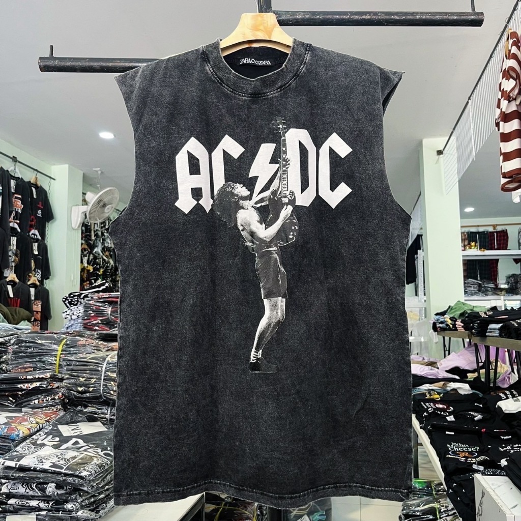 Sleeveless Tank Top Acdc Pattern Black And White Front-Back Can Be Worn ...