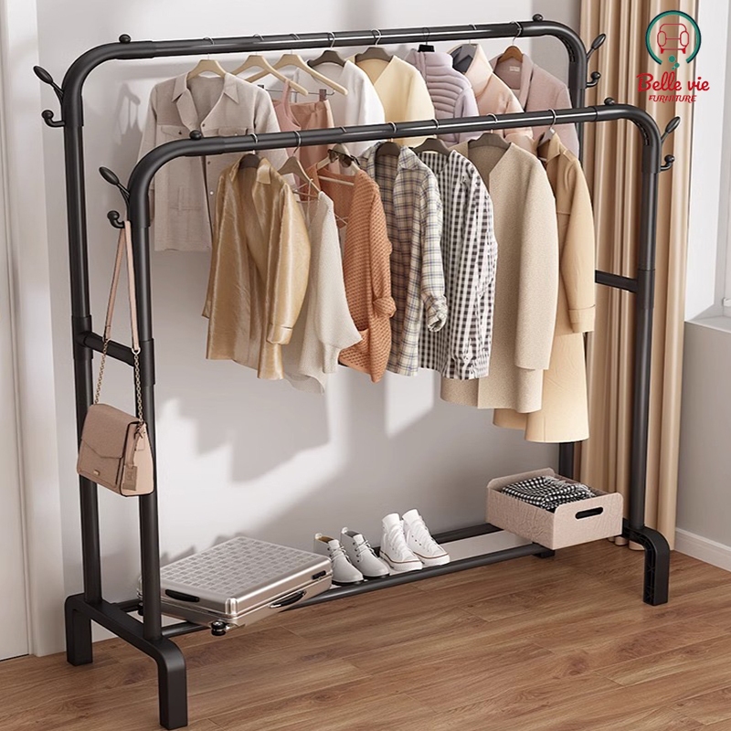 BV Clothes Rack Double Bar Rail Single With Shelf With Wheels Easy To