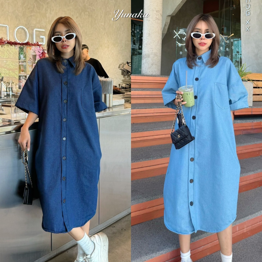 oversize style Short Sleeve Denim Shirt Dress With Left Chest Pockets ...