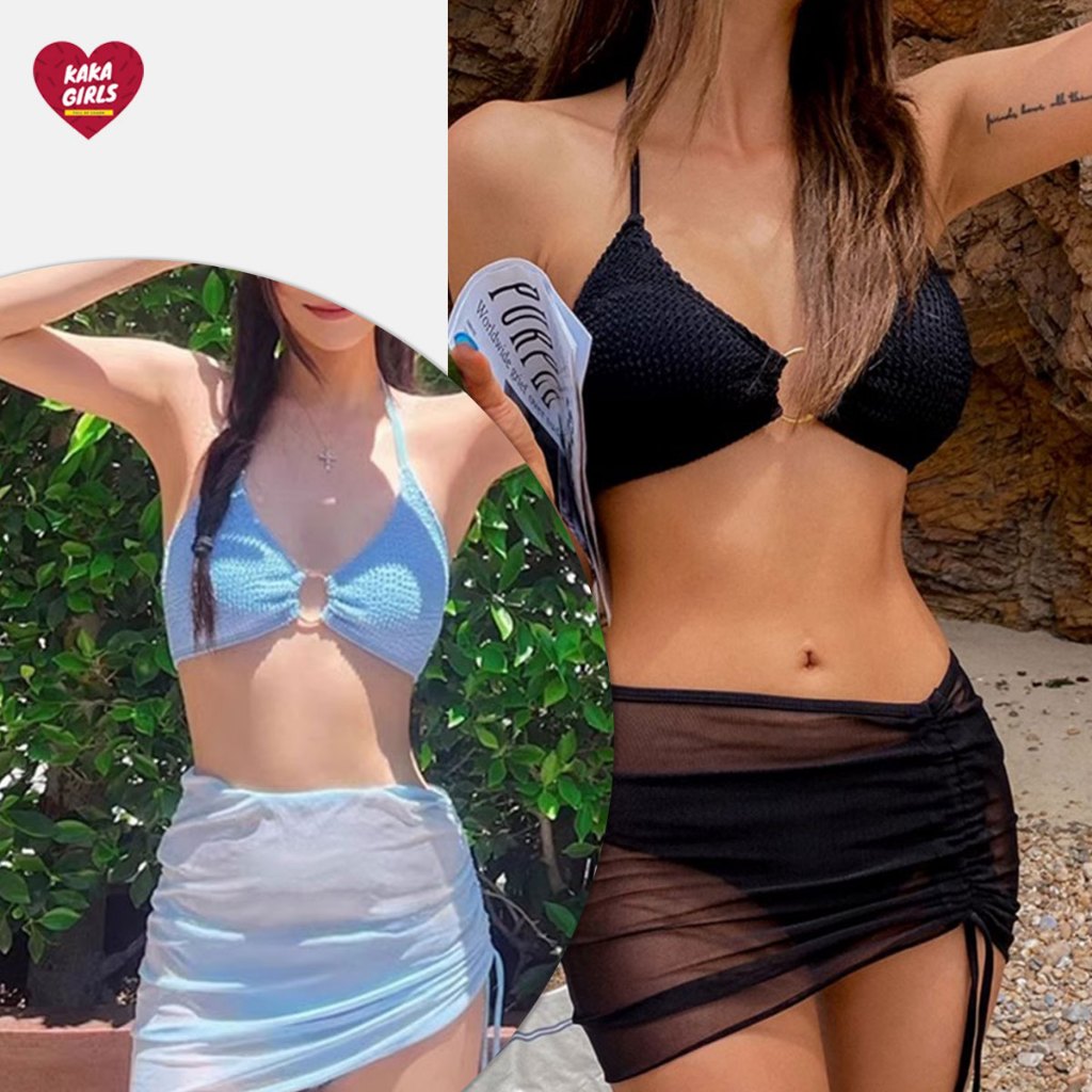 3 Piece Set Swimsuit Bikini Wrinkled Skirt Triangle Bra Shopee