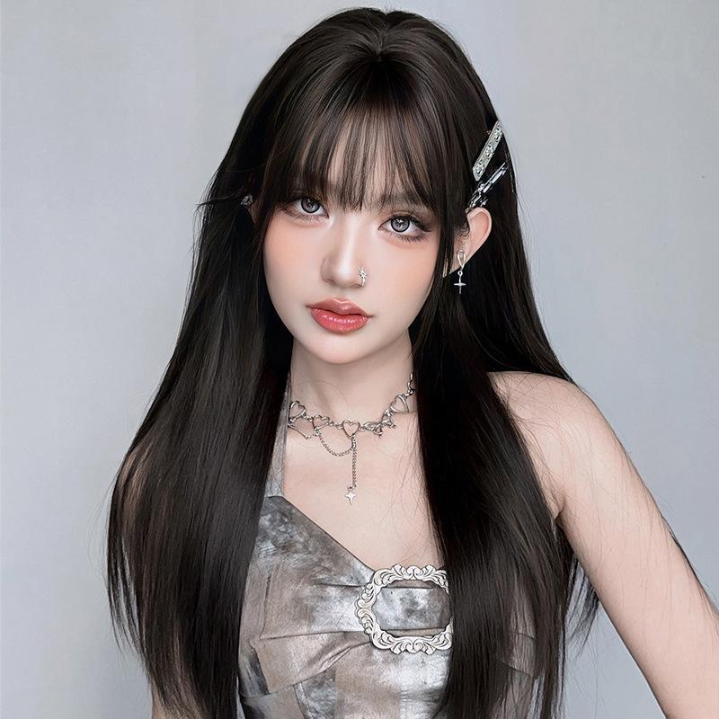ML40-2 Long Hair Wig Straight Slide Ends With Black Brown Bangs Length ...