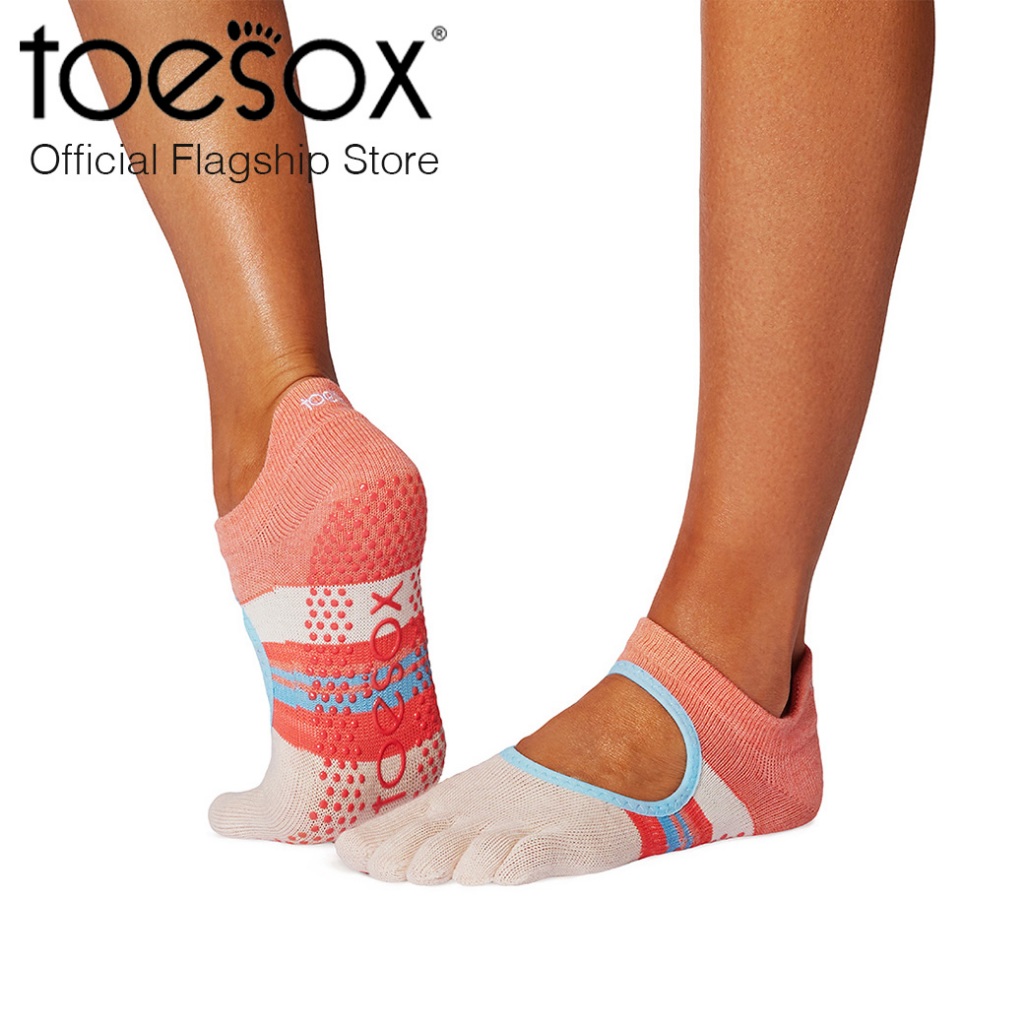 ToeSox Ytoewtbellarinahgll Calze Per Yoga E Pilates Con Grip E Dita Separate - Unisex Adulto, Colore Heather/Lime, Taglia Large - Modello Bellarina Con Fascia Per Arco Plantare