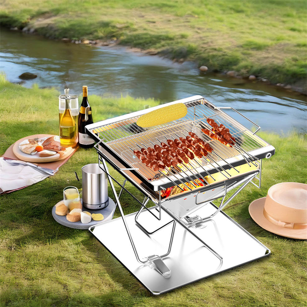 Fire Pit Portable Wooden Stainless Steel Bbq Grill Barbecue With Carry ...