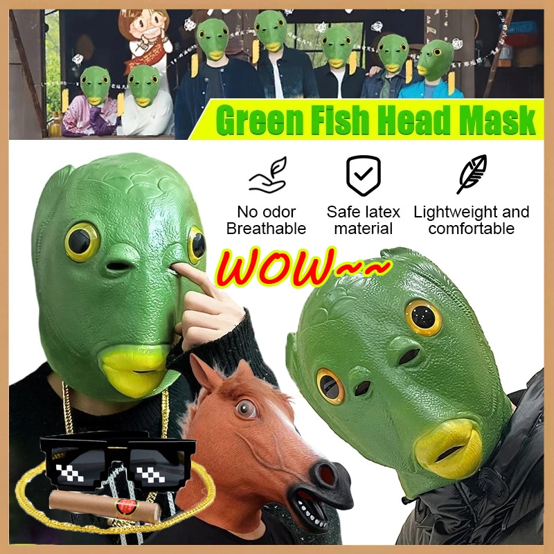 Tiktok Green Fish Man Animal Rubber Mask COS Horse Head Hat Work Demon ...
