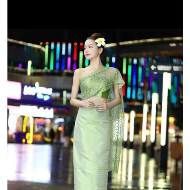 Thai Dress With Embroidered Sash (Get 3 Pieces Sarong + Spepeat + (Shoulder  Top) With Gold Embroidery Beautiful Work Good Fabric Kebaya Set