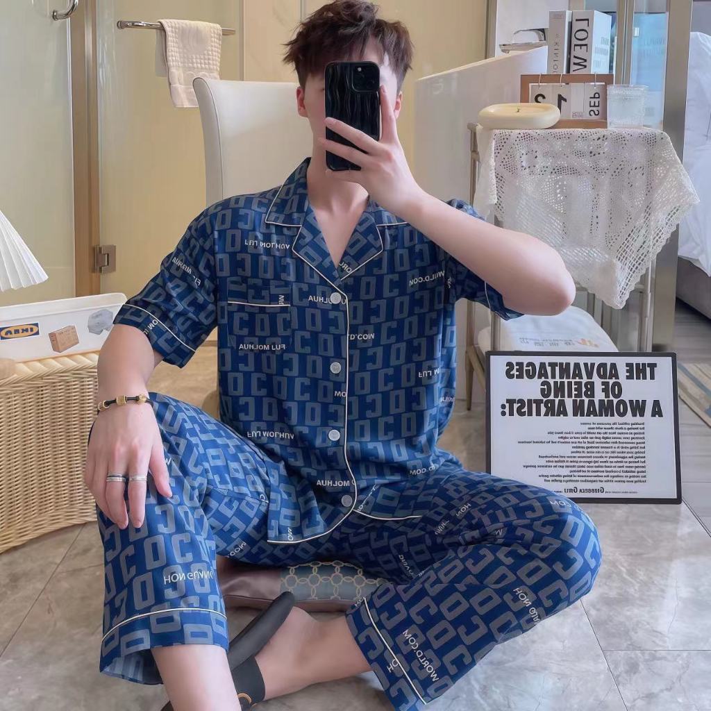 Men s Large Size Pajamas Set Short Sleeve Long Pants Shopee Malaysia