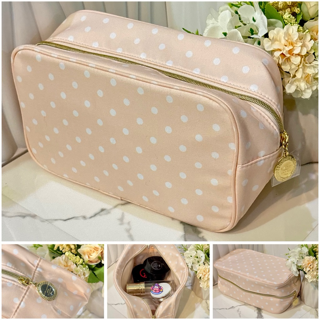 Estee Cosmetic Bag 1 Pink Gold Zipper Cute White Polka Dot Pattern Can ...