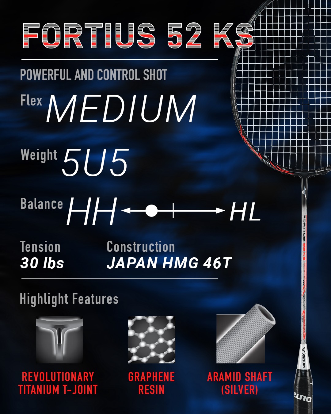 MIZUNO Badminton Racket FORTIUS 52 KS Model With Free Strings To Choose ...