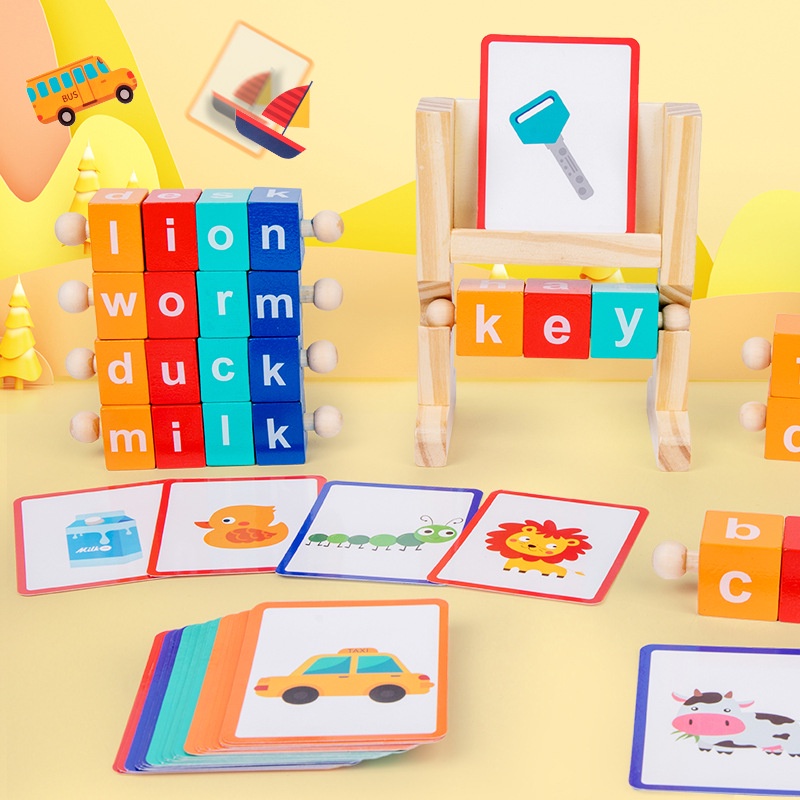 Montessori Learning Toys Wooden Reading Blocks Sight Words Flash Cards Spelling Games Short