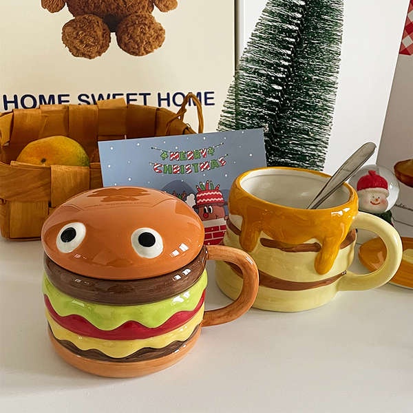 Embossed Burger Mug With Lid Cute Creative Honey Pot Ceramic Coffee Cup ...