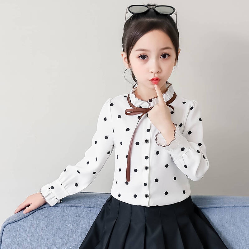 2023 Kids Girl Blouse Polka Dot Blouse Chiffon Long Sleeve White Blouse