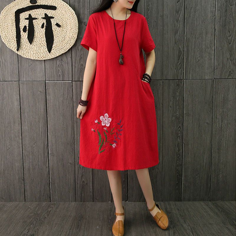 Women's cotton and linen dress plus size embroidered short sleeved Korean  version medium length dress L-5XL | Shopee Malaysia
