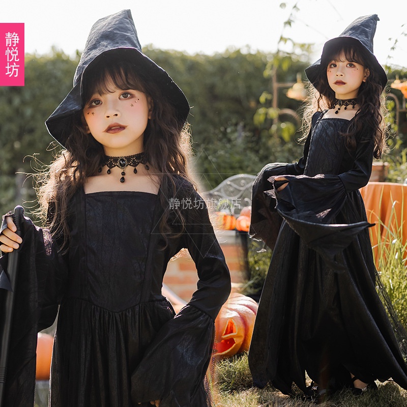 Halloween Children's Costume Black Magician LongSleeved Dress Witch