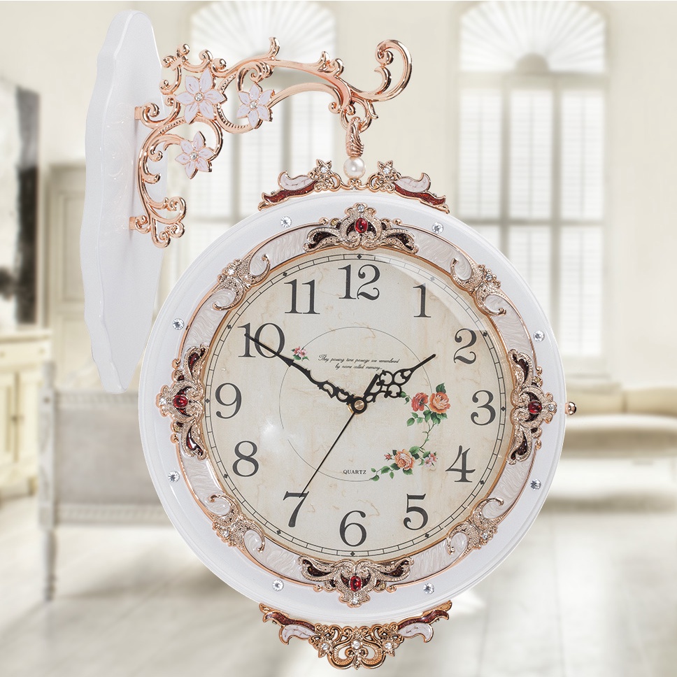 Europeanstyle Solid Wood Metal DoubleSided Wall Clock Mute Simple