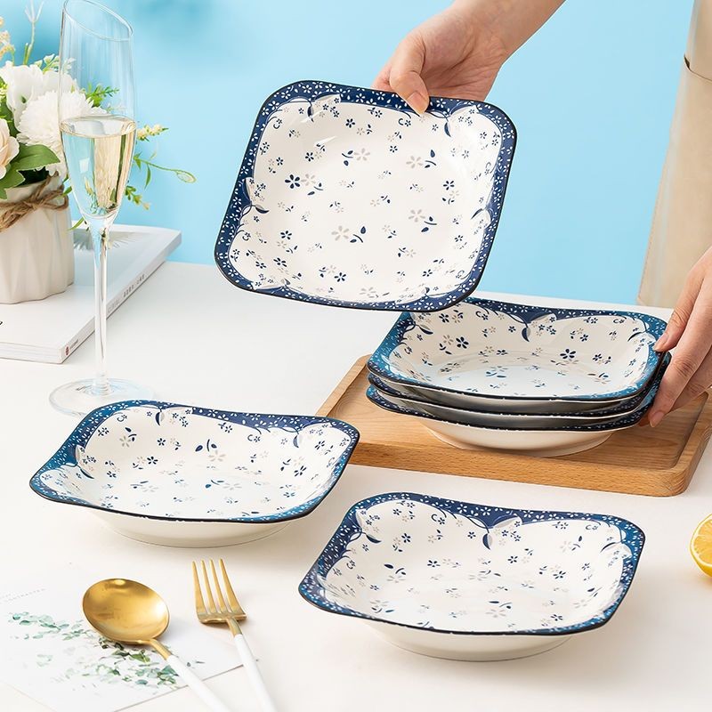 Small Dish Plate Dinner Blue Hometown Chinese Household Ceramic Square ...