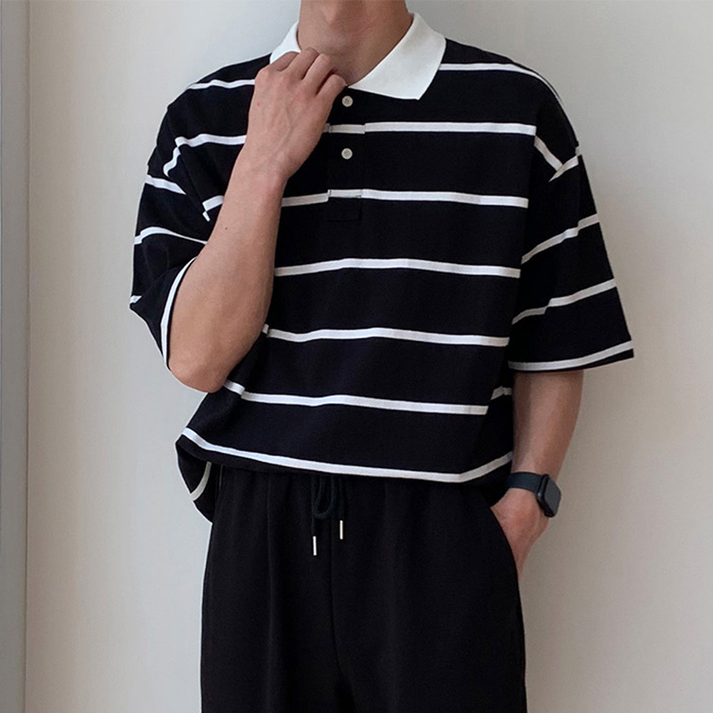 Genuine Korean Summer Small Slit Striped Cotton POLO Shirt 4 Colors ...