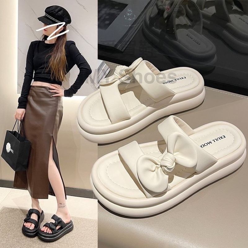 Sweet Style Side Bow Thick-Soled Slippers Two-Flop Casual Flat Sandals ...