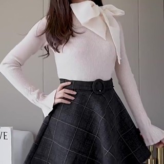 Newlan Dq Korean Style Plaid Flare Skirt With A Letter Wool Skirt With Lovely Checkered