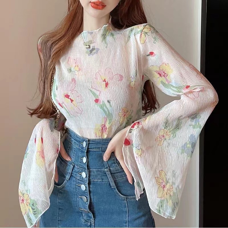 Korean Style Women Ladies Loose Chiffon Floral Long Sleeve Shirt Blouse ...