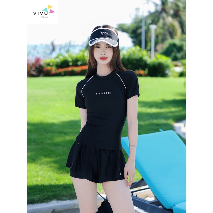 Bikini, Women'S ShortSleeved Swimwear With Black And Blue Border