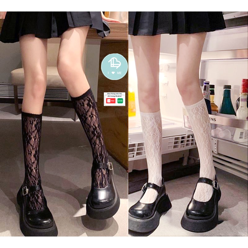 Basic black and white rose lolita lace fishnet stockings without hem ...