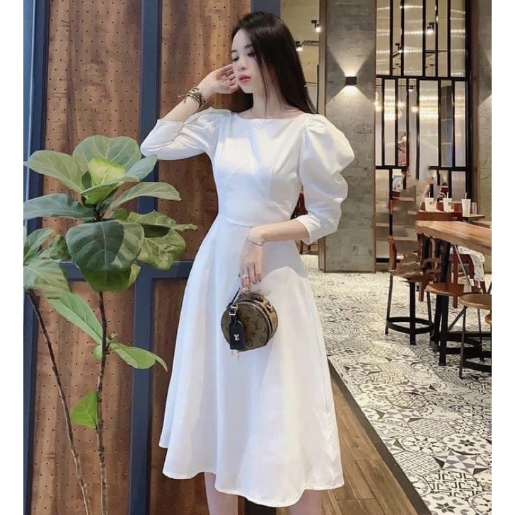 White Party Dress With Puffed Sleeve Boat Neck (With Real Picture