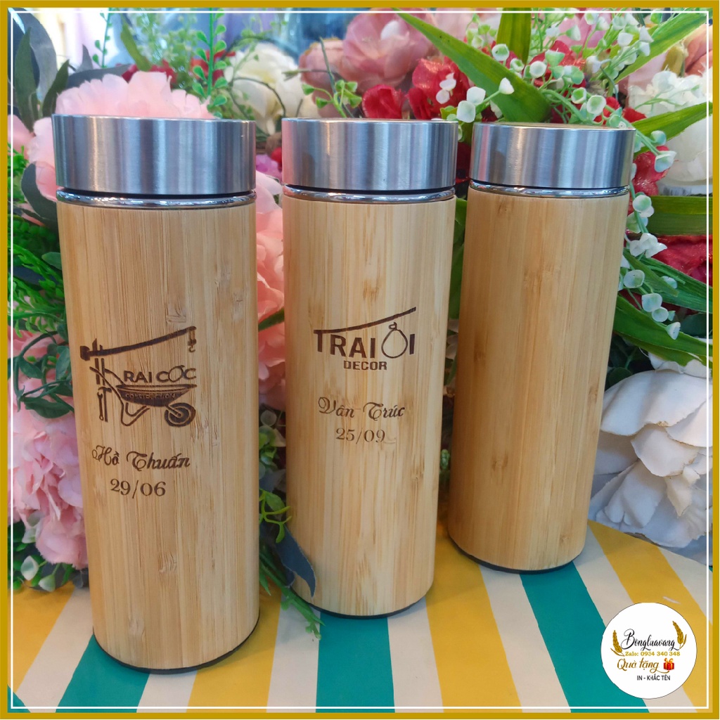 Bamboo Shell Thermos Flask, Stainless Steel Core. Engrave Names, Logos