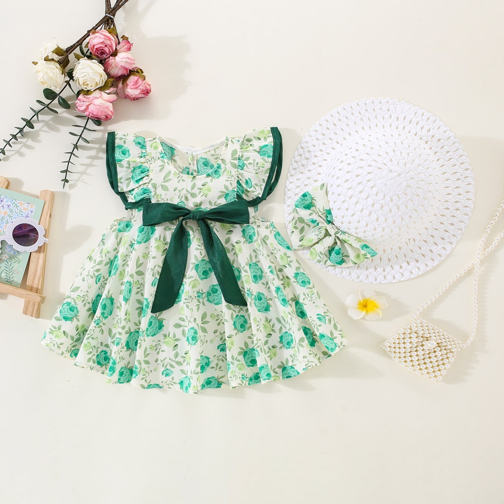 Summer New Small Fly Sleeve Round Neck Baby Girl Dress Sweet Rose