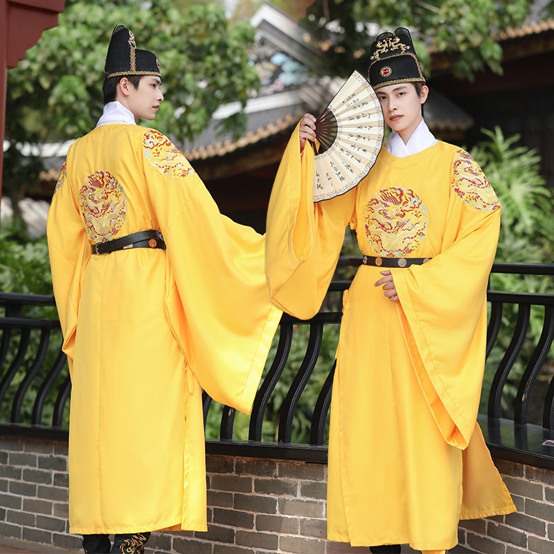 Hanfu Men's Dragon Robe, Ming Dynasty Round Neck Robe, Emperor's Yellow