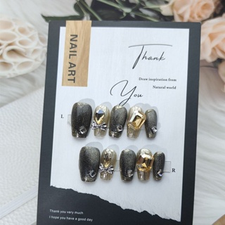 Black Glitter Cat Eye Manicure Wearable Nails Detachable Fake Nails ...