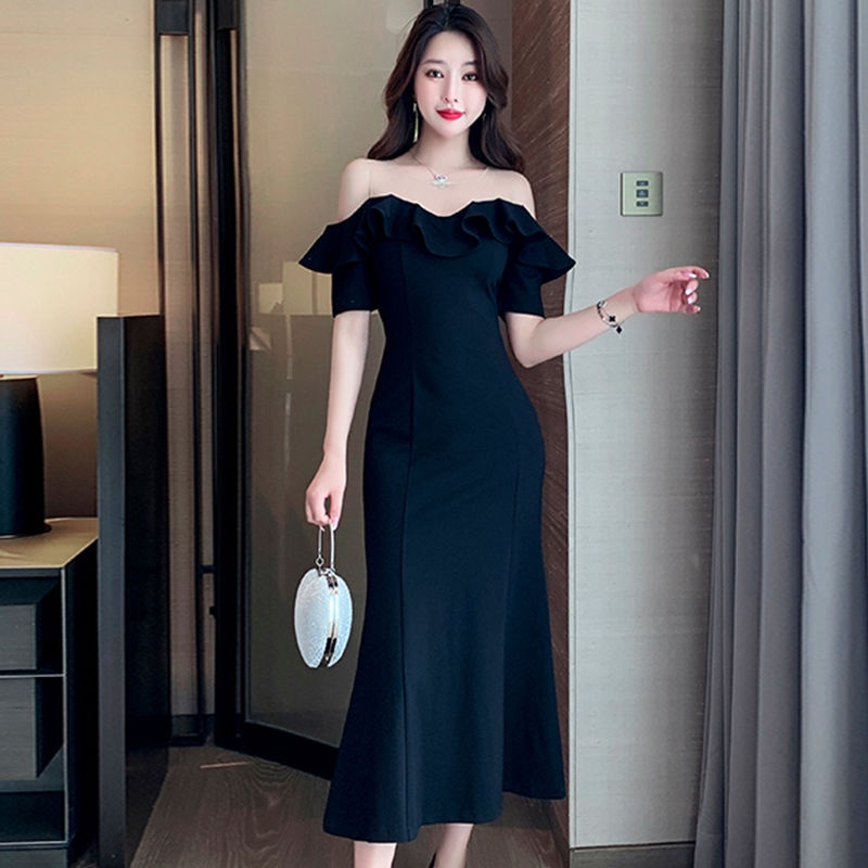 High end Hepburn style black evening dress Celebrity sexy Flat Neck ...