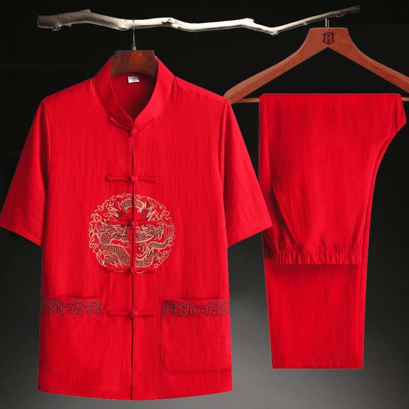 Chinese style red Tang suit 2021 men's short Sleeve middleaged Plus