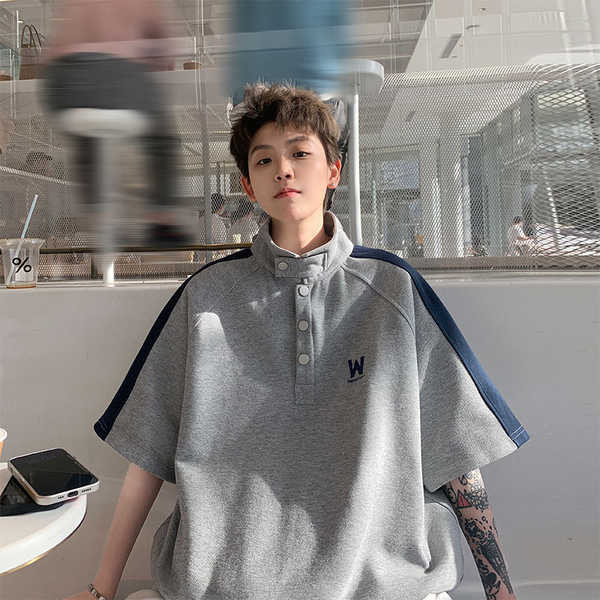 baju ootd lelaki style American retro polo shirt, men's short sleeved summer youth clothing