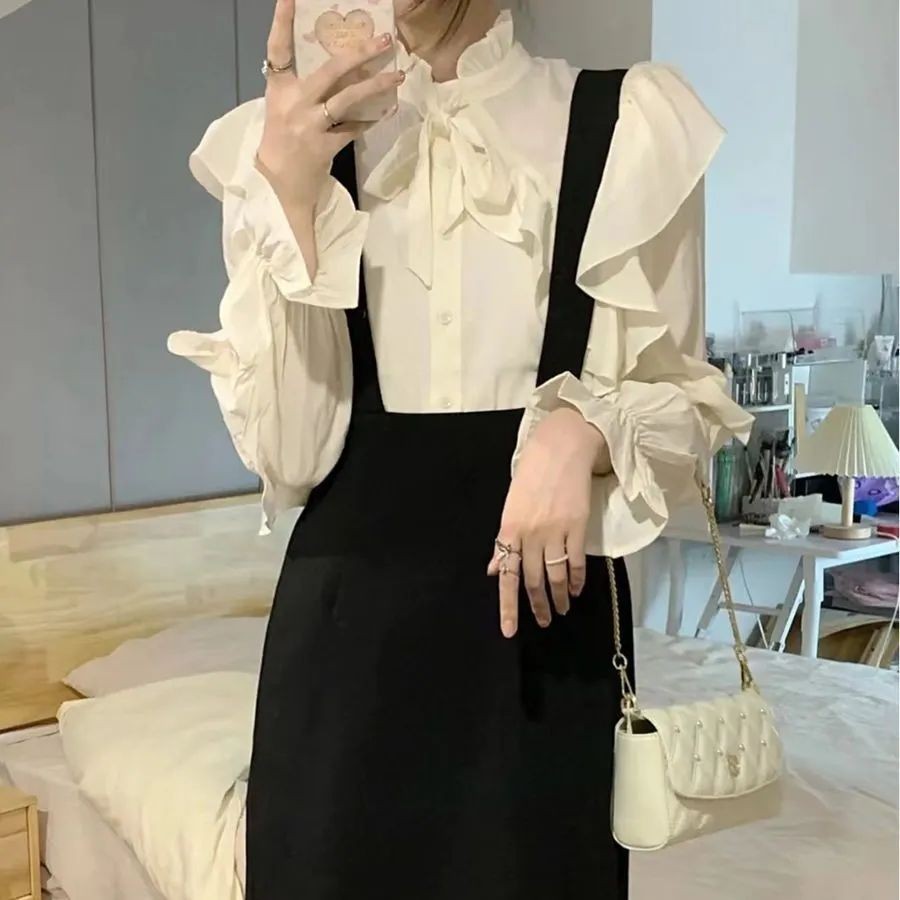 Strap Skirt French Style One Set Half High Neck Ruffled Shirt+Straight