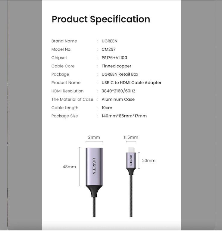 UGREEN CM297 USB TYPE C to HDMI Adapter | HDMI 2.0 Standard | VL100 and ...