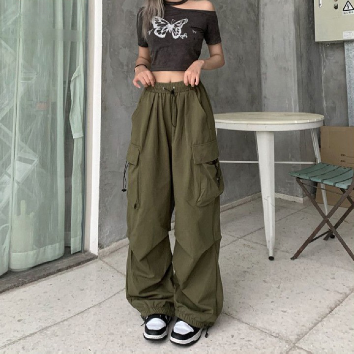 Khaki Wide Tube Drawstring Drawstring Pants Retro Style For Women ...