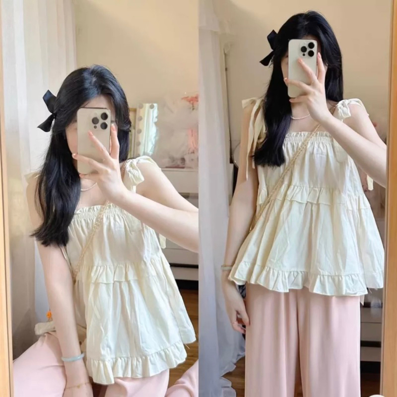 Babydoll Spaghetti straps top with bow tie to wear to travel | Shopee ...