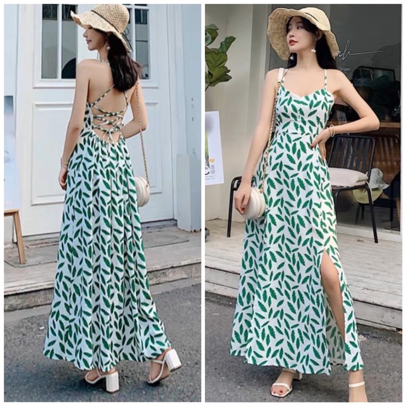 Backless maxi Dress With Split Flaps And Back Straps In The Leaf ...