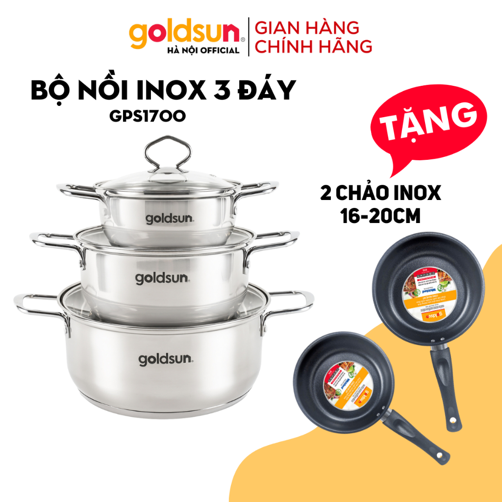 Combo Set of stainless steel pot with Bottom from 3 layers Goldsun