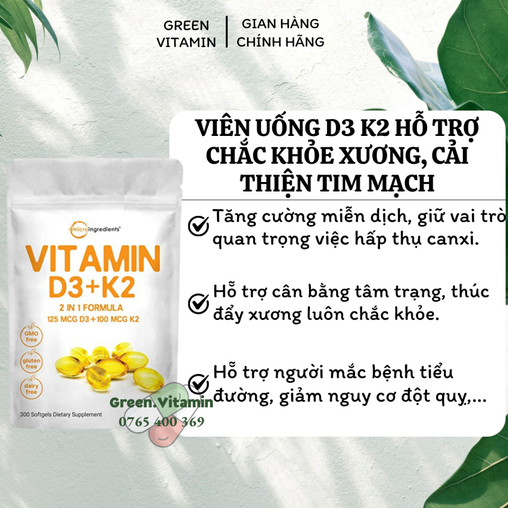 Micro Ingredients Vitamin D3 5000IU K2 MK7 100MCG D3 K2 oral tablet