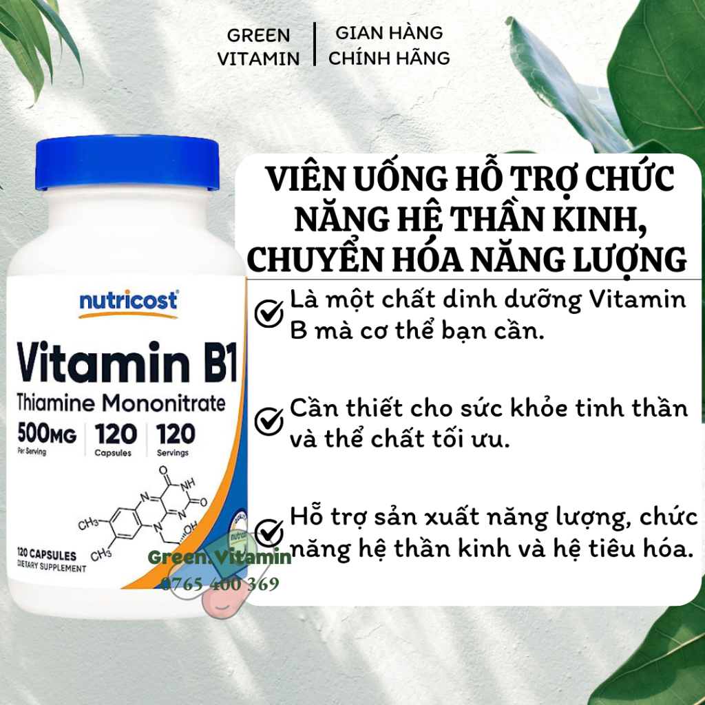 Nutricost Vitamin B1 500mg Thiamine Mononitrate Oral Tablets Support