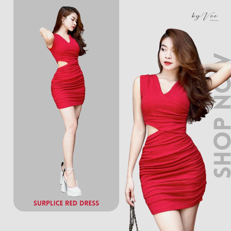 Luxurious red waist cut heart-neck short body dress for women ...