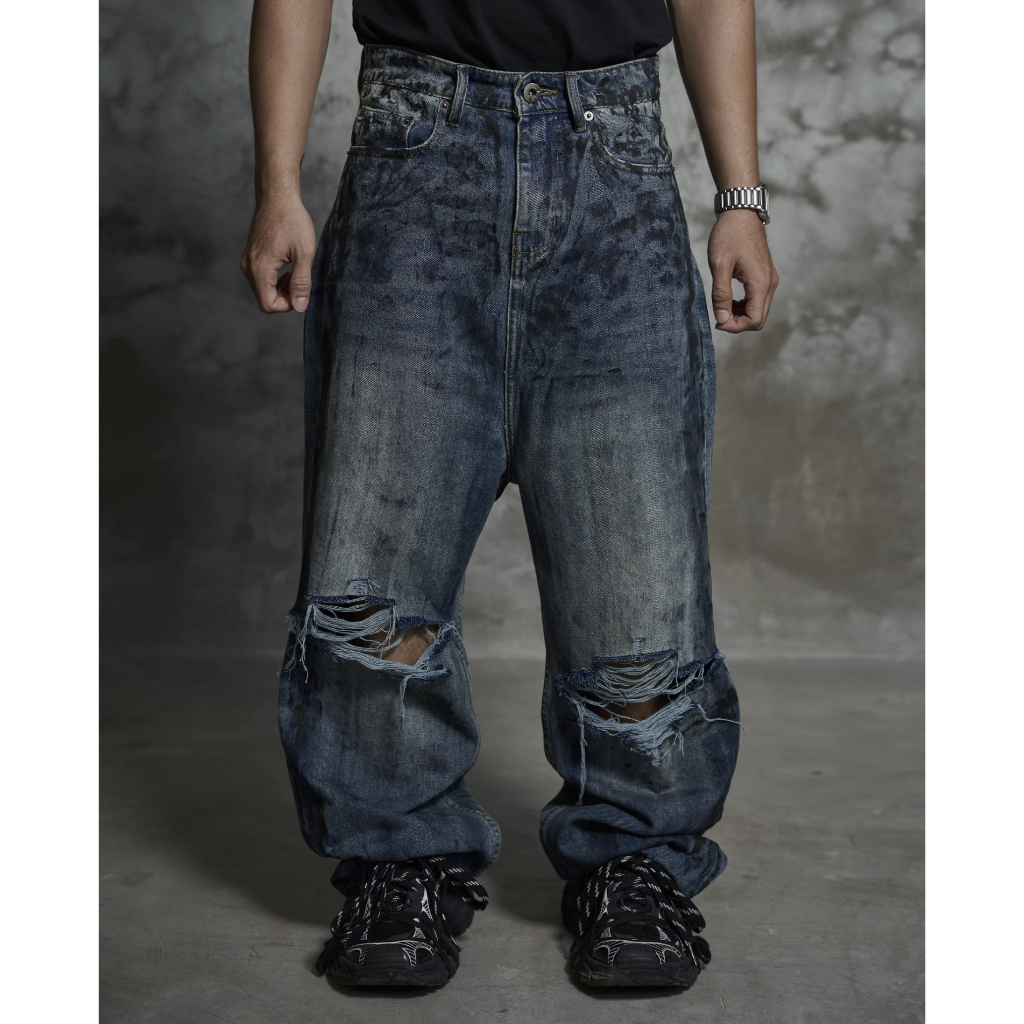 Dirty COATING BAGGY JEANS (CUSTOM VER) -BAGGY JEANS Black CUSTOM Torn ...